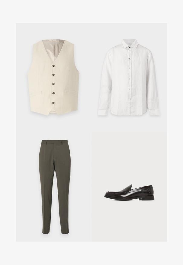 Beige linned vest med V-hals, fem mørke knapper og to frontlommer. Indersiden er foret med en lys farve.; Hvid langærmet skjorte med knapper, spids krave og synlige sorte syninger langs knapstolpen og ærmekanter.; Olivengrønne bukser lavet af glat stof, med en skræddersyet design, lige ben og bæltestropper. Ingen synlige mønstre eller accenter.; Sort herre slip-on loafer i læder med lav hæl og syninger langs fronten og siderne på en hvid baggrund.