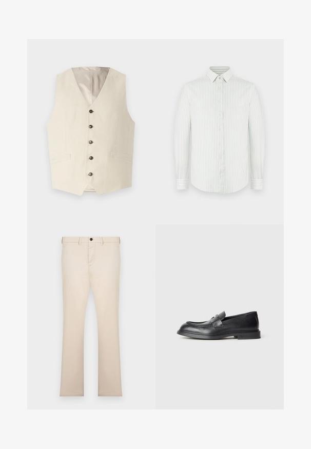 Chaleco de lino beige con escote en V, cinco botones oscuros y dos bolsillos frontales. El interior está forrado en un color claro.; Camisa de manga larga en verde claro con rayas verticales blancas, cierre frontal con botones, cuello estándar, tela de algodón texturizado y puños con botones.; Pantalones beige de corte recto con trabillas, cierre de botón y bolsillos delanteros, presentados sobre un fondo claro y liso.; Mocasines de cuero negro con acabado texturizado, que cuentan con una correa decorativa en la parte delantera y punta redondeada. Suela de goma para mayor durabilidad.