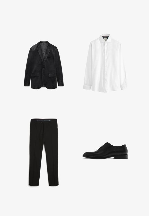 Zwart fluwelen blazer met een notched revers, enkele knoopsluiting, twee voorzakken en een gladde voering. Zachte textuur en klassiek ontwerp.; Witte lange mouw overhemd, met kraag en rechte snit. Heeft een knoopsluiting aan de voorkant en een patroonstof voering binnenin de kraag.; Next Broek - black denim; Massimo Dutti Zakelijke veterschoenen - black