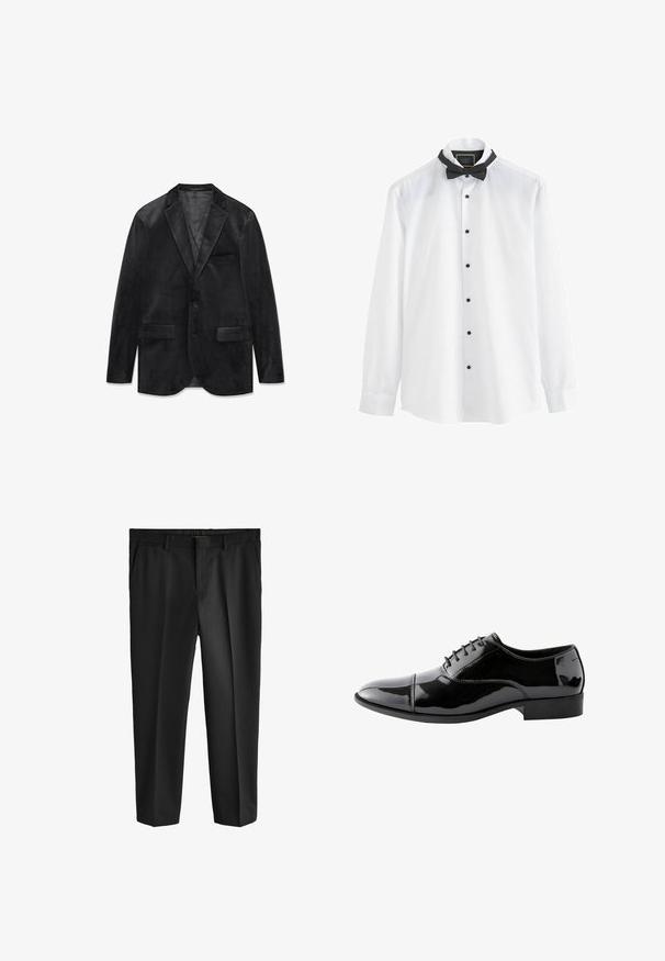 Blazer de terciopelo negro con solapa con muesca, cierre de un solo botón, dos bolsillos delanteros y un forro interior suave. Textura suave y diseño clásico.; Next BOW TIE SET DOUBLE CUFF - Camisa elegante - white; Pantalones negros de diseño recto, con un frente plano, bolsillos laterales y una apariencia suave y ajustada. Fabricados en tejido ligero.; Zapato oxford de cuero negro brillante con puntera, cordones cerrados y tacón bajo, mostrado de perfil sobre fondo blanco.