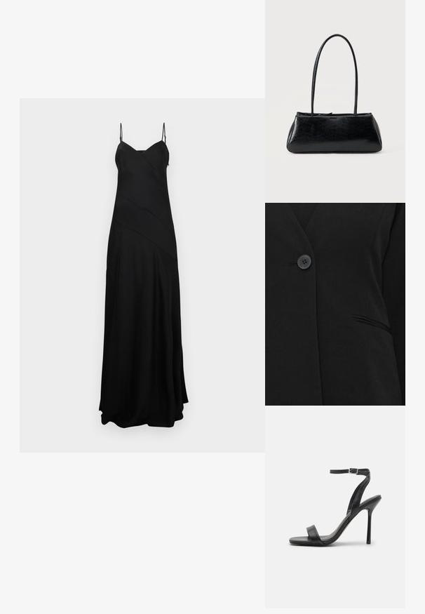 Ein einzelner schwarzer Knopf schließt ein schwarzes Blazerjackett in der Nähe einer einzelnen Paspeltasche auf der rechten Seite.; Schwarzes Maxi-Kleid mit dünnen, verstellbaren Trägern, das ein strukturiertes, fließendes Design und diagonale Nahtdetails für zusätzliche visuelle Akzente aufweist.; Schwarze High-Heels-Sandalen mit schlankem Knöchelriemen und zwei vorderen Riemen. Aus glattem Leder gefertigt, mit einer eleganten spitzen Zehenform und einem Stiletto-Absatz.; Schwarze rechteckige Schultertasche mit langen dünnen Trägern und einer glatten, glänzenden Textur auf einfarbigem Hintergrund.
