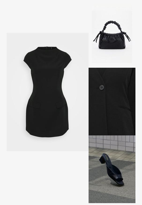 Ein einzelner schwarzer Knopf schließt ein schwarzes Blazerjackett in der Nähe einer einzelnen Paspeltasche auf der rechten Seite.; Schwarzes enges Kleid mit kurzen Ärmeln, rundem Ausschnitt und zwei vorderen Taschen. Hergestellt aus glattem Stoff, mit einem verdeckten Reißverschluss hinten.; Schwarze Mule-Sandalette mit Krokodilprägung, eckiger Zehenpartie und Blockabsatz, liegend auf strukturiertem Boden nahe einer gefliesten Wand.; Schwarze Handtasche mit Krokodilstruktur, gerafftem oberen Rand, zusammengezogenem Griff und Zugkordeln mit Quasten an jeder Seite vor weißem Hintergrund.