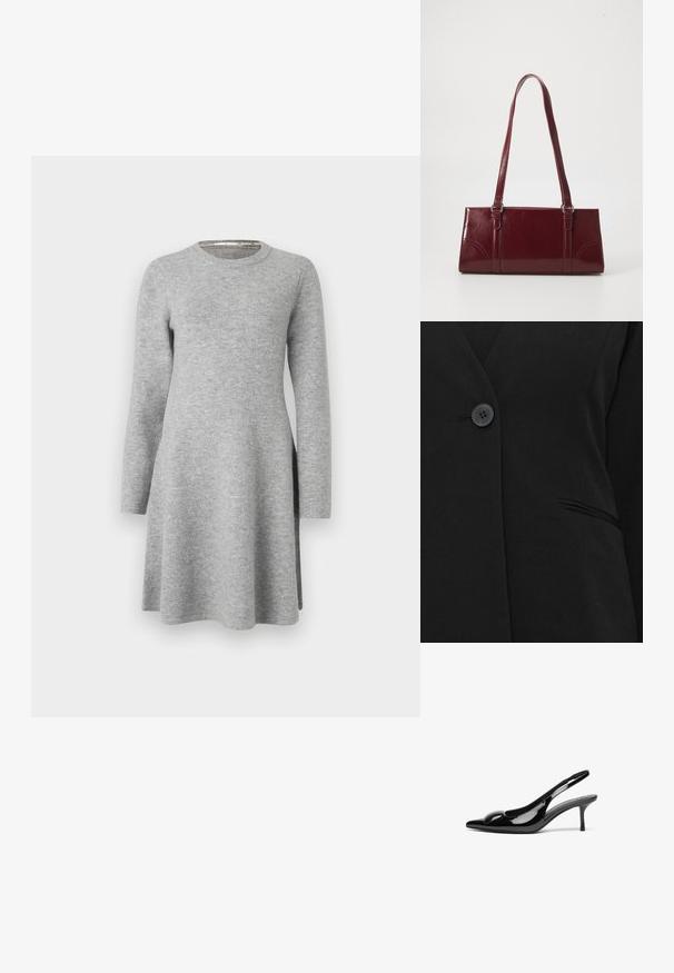 Enkele zwarte knop die een zwart blazer sluit nabij een enkele paspelzak aan de rechterkant.; Grijze langslavend dress van zachte stof; heeft een ronde halslijn en een ontspannen pasvorm, die iets uitloopt aan de zoom met zijsplitten.; Zwarte gepatineerde leren slingback hakken met een puntige neus en een glanzende afwerking. Heeft een slanke hak en een ronde accent op de bovenkant.; Bourgondische handtas van glanzend materiaal, rechthoekige vorm, met twee schouderbanden en subtiele gebogen accenten aan de voorkant.