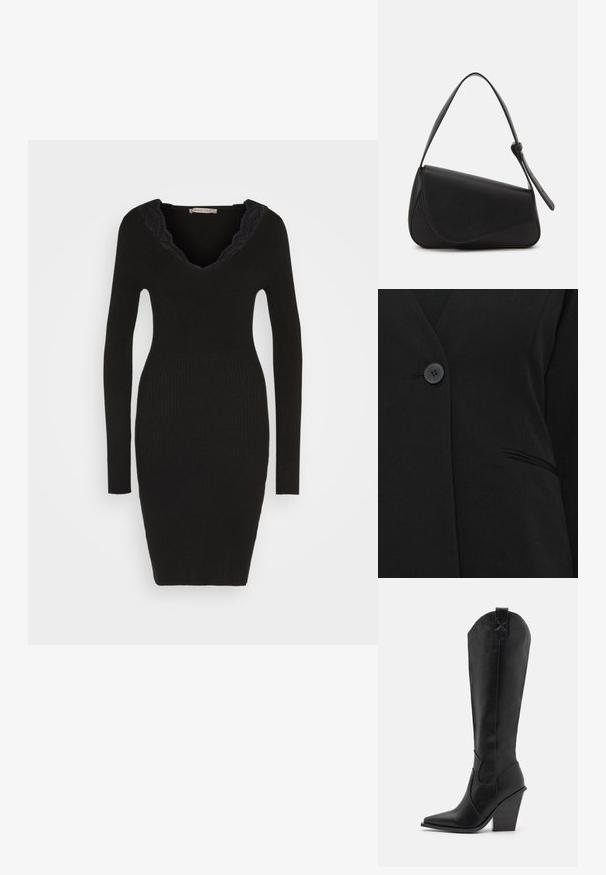 En enkelt sort knap, der lukker en sort blazer nær en enkelt welt-lomme på højre side.; Anna Field Strikkjoler - black; RAID SURREY - Cowboy- / bikerstøvler - black; Sort læderhåndtaske med en triangular form, skrå klap og et rundt håndtag. Har en glat overflade og minimalistiske design detaljer.