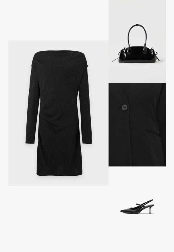 Un bouton noir unique fermant un blazer noir près d'une poche passepoilée sur le côté droit.; Robe noire décolletée épaule, en tissu texturé et côtelé. Manches longues avec un détail drapé et une silhouette ajustée. Design sophistiqué.; Talons aiguilles noires en cuir avec un bout pointu, une fine bride réglable, et un talon aiguille d'environ 5 cm, texture lisse.; Petit sac à main noir brillant avec deux longues anses et des détails à cordon sur les côtés sur un fond clair uni.