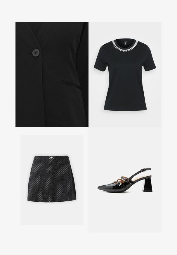 Un bouton noir unique fermant un blazer noir près d'une poche passepoilée sur le côté droit.; T-shirt en coton noir avec manches courtes et décolleté rond. Présente un design décoratif en perles au niveau du col, la surface est lisse.; Jupe noire à pois blancs, avec une taille froncée et un petit ruban décoratif sur le devant. Design court et évasé.; Escarpin slingback en cuir verni noir avec deux brides avant à boucle et un talon épais évasé de 6 cm sur fond clair uni.