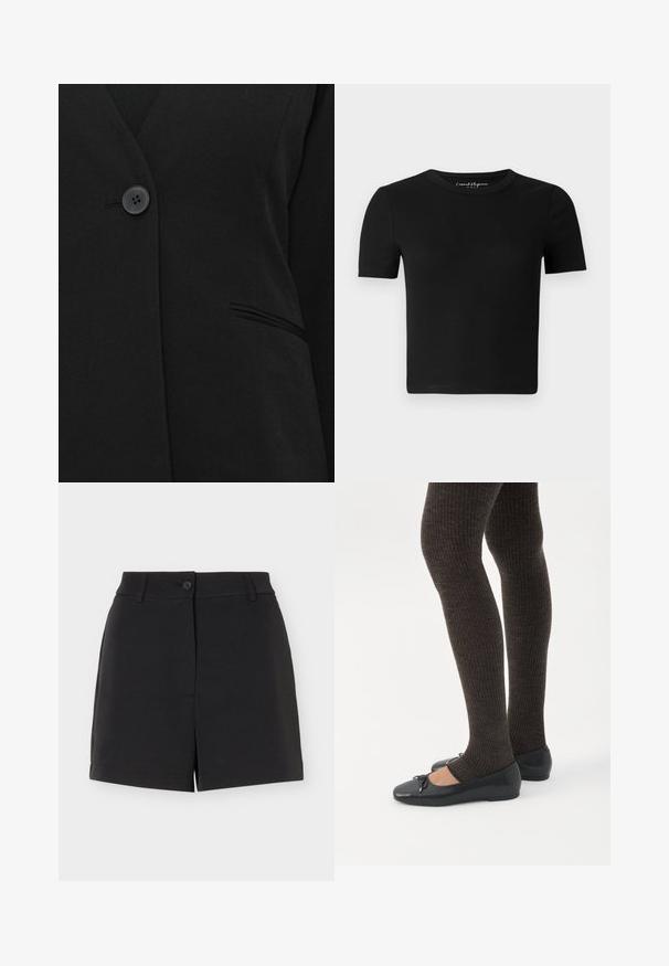 En enkelt sort knap, der lukker en sort blazer nær en enkelt welt-lomme på højre side.; Sort tætsiddende T-shirt med korte ærmer, ribbet tekstur og rund halsudskæring. Simpelt design uden synlige logoer eller pynt.; Sorte skræddersyede shorts med bæltestropper, knaplukning og frontslidsdetalje, vist mod en hvid baggrund.; Ben iført mørke ribbede leggings kombineret med sorte balletsko med små sløjfedetaljer på hvid baggrund.