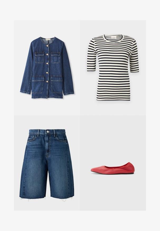 Denim jacket, blauw, met ronde halslijn, knoopsluiting aan de voorkant, twee borstzakken en twee onderste zakken; heeft goudkleurige knopen en stiksels.; Zwart-wit horizontaal gestreept aansluitend shirt met ellelange mouwen en ronde hals.; Donkerblauwe denim knielange shorts met voorzakken, ceintuurlussen, knoopsluiting en rauwe, rafelige zoom.; Filippa K REY FLATS - Ballerina's - bright red