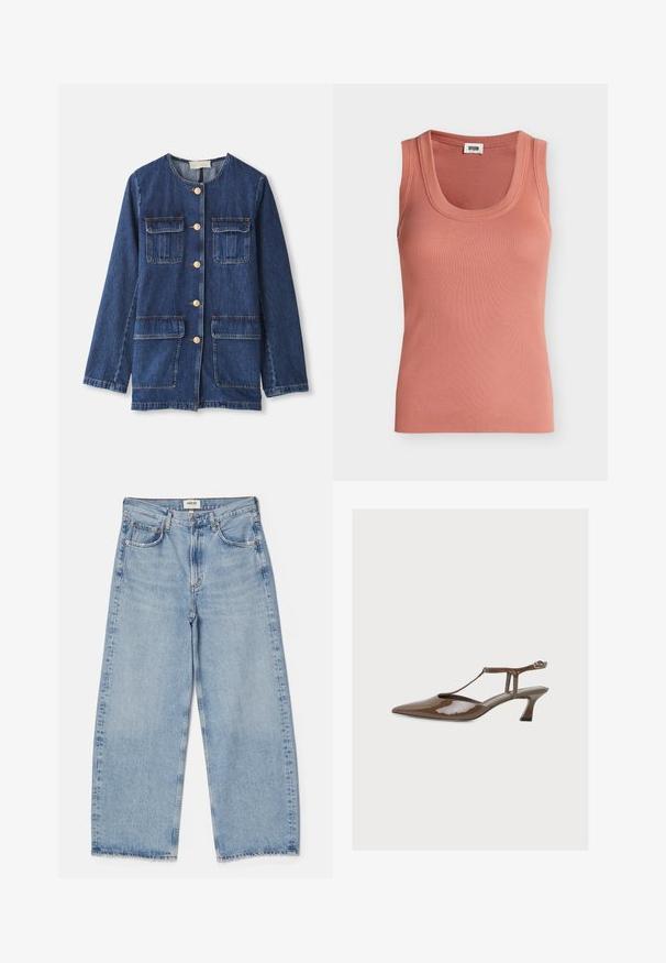 Denim jacket, blauw, met ronde halslijn, knoopsluiting aan de voorkant, twee borstzakken en twee onderste zakken; heeft goudkleurige knopen en stiksels.; Mouwloos geribbeld hemd in stoffige roze kleur met een ronde halslijn en een klein wit label aan de binnenzijde van de kraag.; Agolde Baggy jeans - light-blue denim; Bruine lakleren slingback pump met spitse neus, T-strap, kleine gekromde hak en enkelgesp op effen achtergrond.