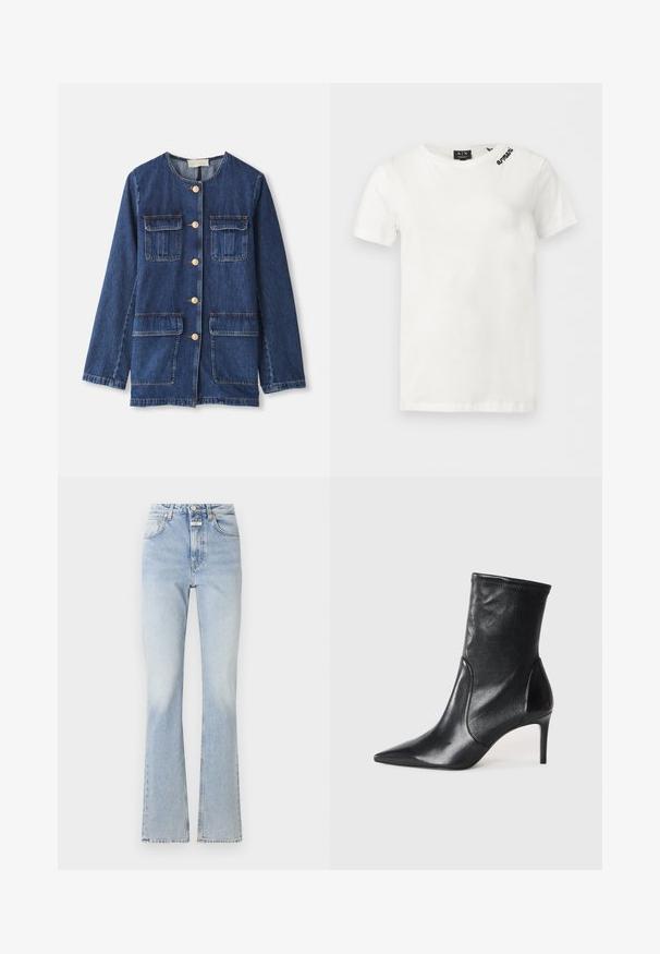 Veste en denim, bleue, avec un col rond, fermeture à boutons, deux poches poitrine et deux poches inférieures ; possède des boutons et des coutures dorés.; T-shirt blanc manches courtes Armani avec col rond et petit logo noir « armani » près de l'épaule gauche.; Jean en denim bleu clair avec une taille haute, des jambes évasées et une texture légèrement décolorée. Comprend une fermeture à bouton et à fermeture éclair, avec cinq poches.; Bottes noires à la cheville en cuir lisse, dotées d'un bout pointu, d'un tige ajustée et d'un talon haut fin. Design minimaliste sans quincaillerie visible.