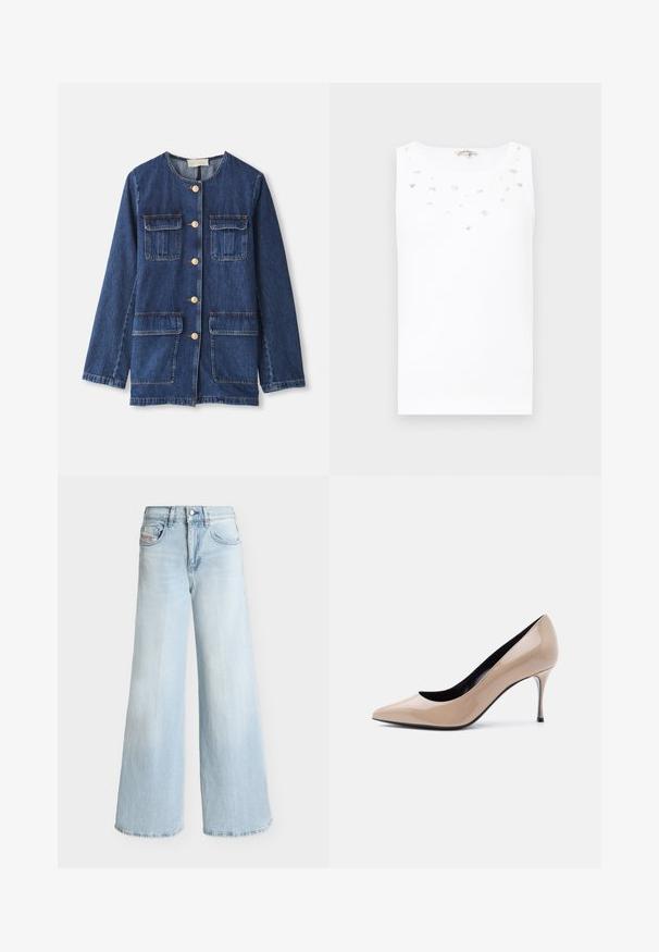 Veste en denim, bleue, avec un col rond, fermeture à boutons, deux poches poitrine et deux poches inférieures ; possède des boutons et des coutures dorés.; Top sans manches blanc avec un col rond, présentant des embellissements décoratifs dispersés et une texture de tissu lisse et léger.; Jean taille haute bleu clair à jambes larges, avec bouton devant, fermeture éclair et design à cinq poches.; Chaussure à talon haut pointu en cuir verni beige avec talon aiguille fin et doublure intérieure noire sur fond blanc.