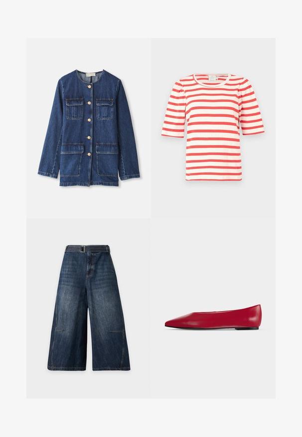 Denim jacket, blauw, met ronde halslijn, knoopsluiting aan de voorkant, twee borstzakken en twee onderste zakken; heeft goudkleurige knopen en stiksels.; Rood-witte gestreepte korte mouw top met een ribbelstructuur en ronde halslijn. Poefmouwen voegen volume toe aan het ontwerp.; Wijde donkerblauwe denimshorts met hoge taille en bijpassende denimriem, getoond tegen een effen lichte achtergrond.; Rode leren platte schoen met puntige neus, zwarte zool en lage hak, zijaanzicht op een effen lichte achtergrond.