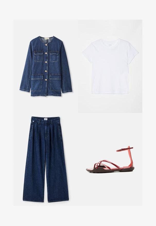 Denim jacket, blauw, met ronde halslijn, knoopsluiting aan de voorkant, twee borstzakken en twee onderste zakken; heeft goudkleurige knopen en stiksels.; FRAME BABY TEE - T-shirt basic - white; Wijdvallende blauwe denim broek met plooien, voorzien van een hoge taille, voorzakken en een gestructureerde afwerking. De stof is dik en stevig.; Rode platte sandaal met meerdere dunne bandjes, enkelgesp en een iets verhoogde bruine zool tegen een plain lichte achtergrond.