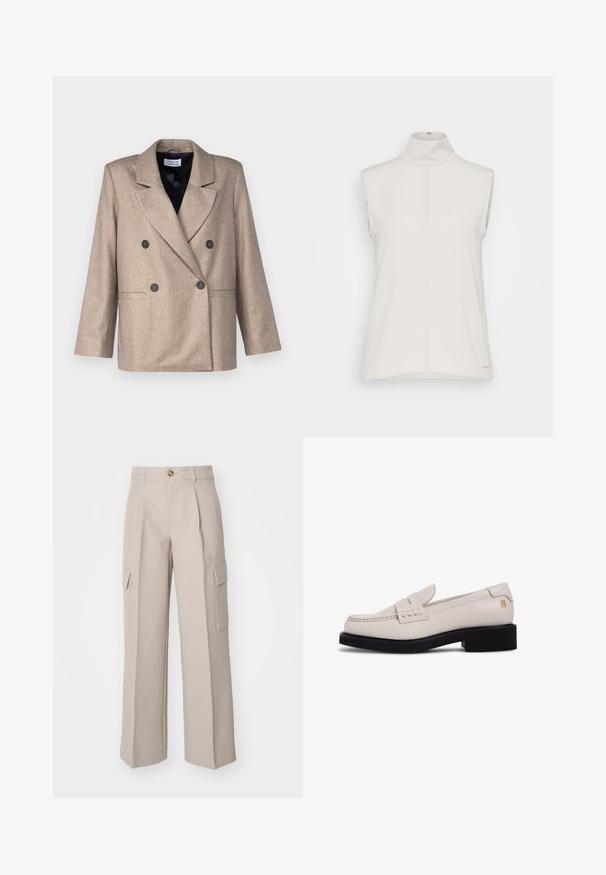 Beige dobbeltræsseret blazer med klapkrave, sorte knapper og to forlommer. Lavet af et tekstureret stof, med en let oversize pasform.; Ærmeløs hvid turtleneck top i glat stof, med en central søm og et diskret logo-tag i bunden. Minimalistisk design.; Beige brede bukser lavet af stof, med frontfolder og to sidecargo-lommer. Indeholder en frontknaplukning.; Kremfarvede loafers i læder med forstykke og lille blokhæl. Har kontrasterende sort sål og diskret brandingdetalje.