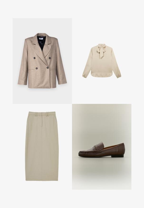 Beige dobbeltræsseret blazer med klapkrave, sorte knapper og to forlommer. Lavet af et tekstureret stof, med en let oversize pasform.; Langærmet beige bluse med en bånddetalje ved halsudskæringen, glat tekstur og samlede ærmegab, med en afrundet kant.; Beige blyantskørt lavet af glat stof, med to forlommer, en enkelt midternaht og en talje med to vandrette bæltestropper.; Brun læderloafer med metalbit-detalje foran og lav sort hæl, vist fra siden på en neutral baggrund.