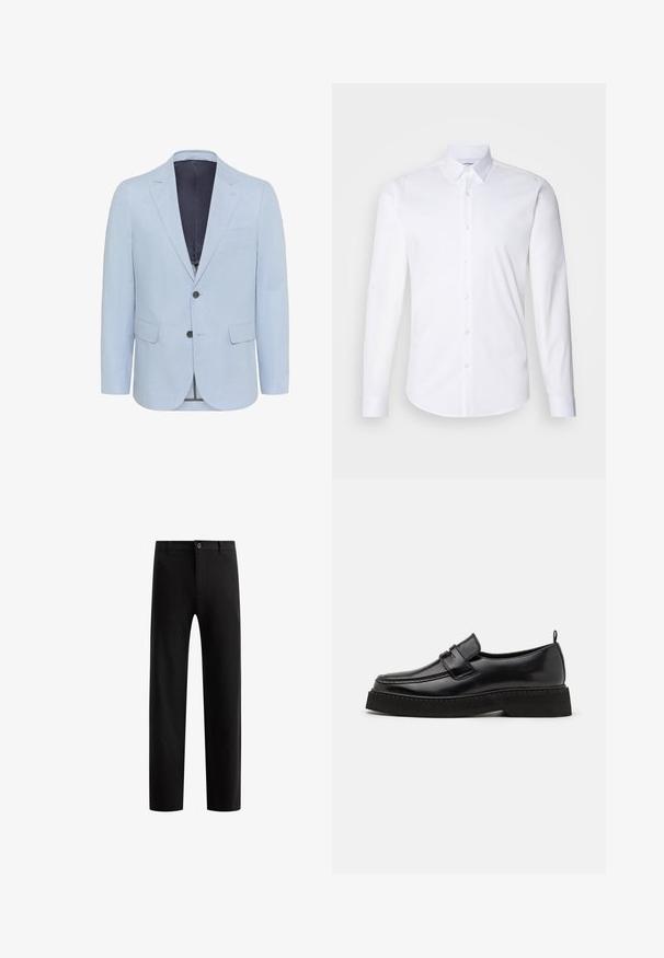Hellblauer Blazer aus strukturiertem Stoff, mit schmalen Revers, zwei Knöpfen und zwei vorderen Taschen. Das Innenfutter ist in dunkler Farbe gehalten.; Weißes Langarm-Hemd mit Knopfverschluss aus glattem Baumwollstoff, mit klassischem Kragen und abgerundetem Saum.; Schwarze, maßgeschneiderte Hose mit flachem Vorderteil, geraden Beinen, einem Knopfverschluss und Gürtelschlaufen, aus einem glatten Stoff ohne sichtbare Muster.; Schwarze Leder Slipper mit flacher, strukturiertem Sohlen, mit einer gestickten Zehenpartie und einem Riemen über dem Spann.