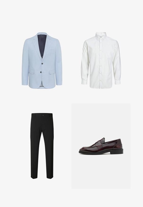 Hellblauer Blazer aus strukturiertem Stoff, mit schmalen Revers, zwei Knöpfen und zwei vorderen Taschen. Das Innenfutter ist in dunkler Farbe gehalten.; Weißes langärmliges Hemd mit Knopfleiste, spitzem Kragen und geknöpften Manschetten, auf weißem Hintergrund dargestellt.; Schwarze Slim-Fit-Hose mit Knopf- und Reißverschluss, Gürtelschlaufen und geraden Beinen auf weißem Hintergrund.; Bordeauxfarbene Lederloafer mit glatter Oberfläche, rechteckigem Frontakzent und abgerundetem Zehenbereich, ausgestattet mit einer schwarzen Gummisohle.