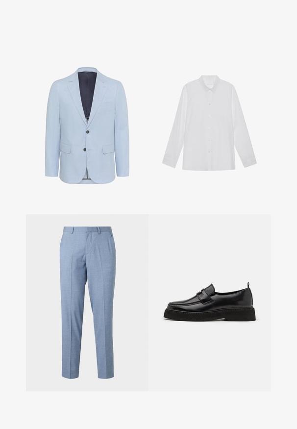 Blazer azul claro hecho de tejido texturizado, con solapa muesca, dos botones y dos bolsillos frontales. El interior está forrado en un color oscuro.; Camisa blanca de manga larga hecha de tela suave, con cuello puntiagudo, cierre frontal de botones y puños de un solo botón.; Pantalones ajustados de color azul claro con un acabado texturizado, diseño entallado y pierna recta. Presenta bolsillos delanteros y pasadores para cinturón.; Zapatos estilo mocasín de cuero negro con suela plana y texturizada, con puntera cosida y una correa a lo largo del empeine.