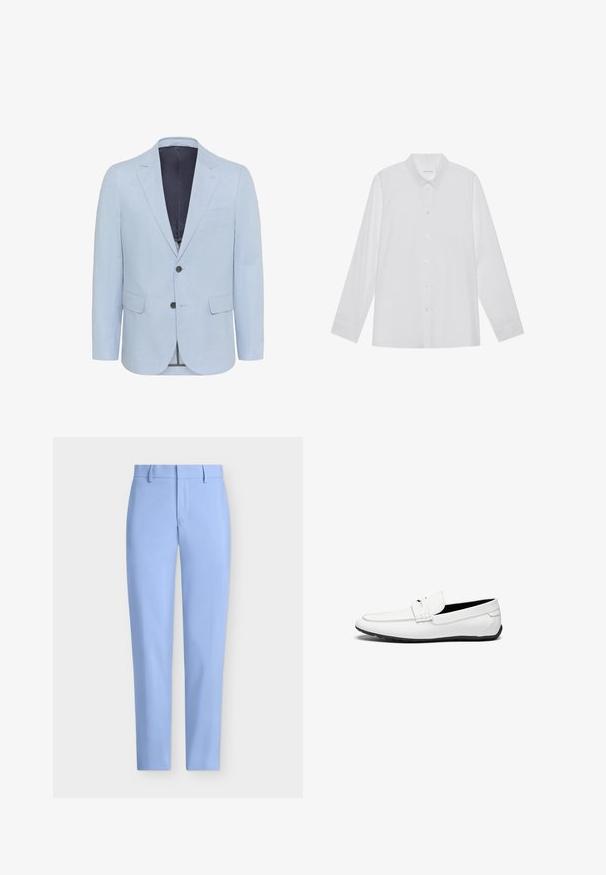 Hellblauer Blazer aus strukturiertem Stoff, mit schmalen Revers, zwei Knöpfen und zwei vorderen Taschen. Das Innenfutter ist in dunkler Farbe gehalten.; Weiße Langarmbluse aus glattem Stoff, mit spitzem Kragen, Knopfleiste vorne und Ein-Knopf-Manschetten.; Helleblaue maßgeschneiderte Hosen mit glatter Textur, geradem Bein-Design und einer Fronttasche. Mit Gürtelschlaufen und Reißverschluss.; Weiße Lederloafer mit glatter Oberfläche, featuring eine gestickte Akzent, eine abgerundete Zehe und eine schwarze Gummisohle für besseren Halt.