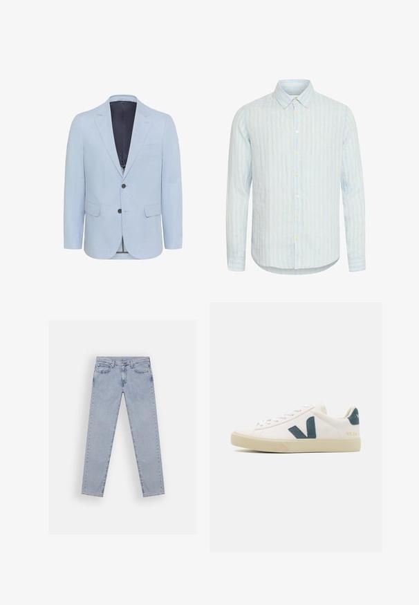 Blazer azul claro hecho de tejido texturizado, con solapa muesca, dos botones y dos bolsillos frontales. El interior está forrado en un color oscuro.; Camisa de lino azul claro con rayas verticales blancas, cuello tipo botón, botones en el frente, mangas largas y dobladillo curvado.; Jeans de mezclilla azul claro con un diseño de pierna recta, cinco bolsillos y cierre de botón. La tela tiene una textura suave y desgastada.; Zapatilla de piel blanca con un logo de ante en color azul petróleo, puntera redonda, diseño con cordones y suela de goma con detalles texturizados. Nombre de la marca "VEJA" en dorado.