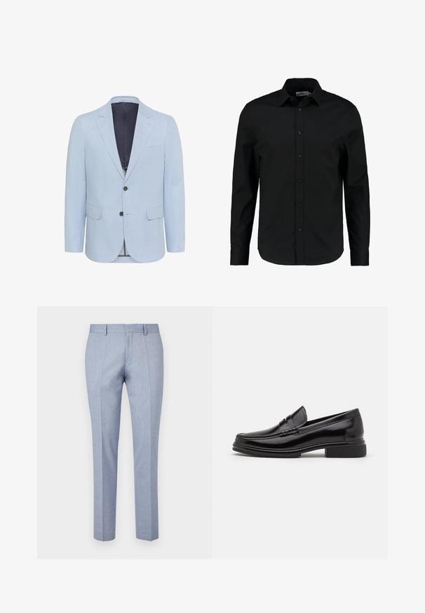 Hellblauer Blazer aus strukturiertem Stoff, mit schmalen Revers, zwei Knöpfen und zwei vorderen Taschen. Das Innenfutter ist in dunkler Farbe gehalten.; Schwarzes Langarmhemd aus glattem Stoff, mit Knopfleiste, spitzem Kragen und taillierter Passform mit abgerundetem Saum.; Hellblaue maßgeschneiderte Hosen mit einer glatten Stoffstruktur, flachem Bund, zwei Fronttaschen und einem schmalen Schnitt.; Schwarze Lederloafers mit runder Zehenform, ausgestattet mit einer genähten Detail über dem Vorderschaft und einem niedrigen Blockabsatz. Glatte Textur und glänzende Oberfläche.