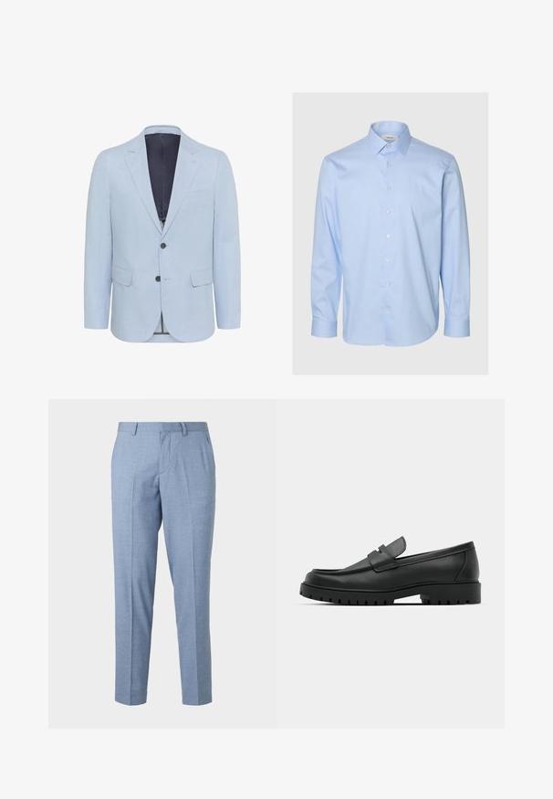 Hellblauer Blazer aus strukturiertem Stoff, mit schmalen Revers, zwei Knöpfen und zwei vorderen Taschen. Das Innenfutter ist in dunkler Farbe gehalten.; Hellblaues Hemd mit Knöpfen, lange Ärmel, klassischer Kragen, gefertigt aus glattem Stoff mit subtiler Textur und perlmuttfarbenen Knöpfen.; Hellblaue maßgeschneiderte Hose mit strukturiertem Finish, taillierter Schnitt und geradem Bein. Sie verfügt über Vordertaschen und Gürtelschlaufen.; Schwarze Lederloafer mit runder Zehenform, ausgestattet mit einem gesteppten Design, niedrigem Plattformsohle und einer strukturierten, genoppten Gummisohle.
