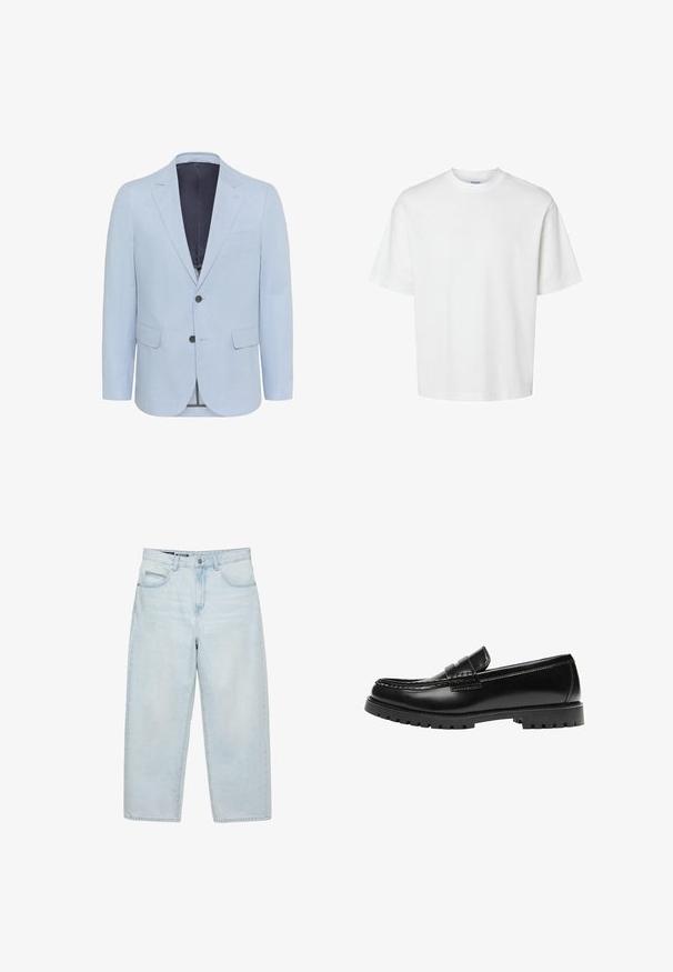 Hellblauer Blazer aus strukturiertem Stoff, mit schmalen Revers, zwei Knöpfen und zwei vorderen Taschen. Das Innenfutter ist in dunkler Farbe gehalten.; Schlichtes weißes T-Shirt mit kurzen Ärmeln, Rundhalsausschnitt und lockerem Schnitt, abgebildet auf weißem Hintergrund.; Hellblaue, hoch taillierte, weite Jeans mit Fronttaschen und Knopfverschluss, auf weißem Hintergrund präsentiert.; Schwarzer Leder-Slipper mit dicker Gummisohle und klassischem Penny-Detail an der Riemen, von der Außenseite gezeigt.