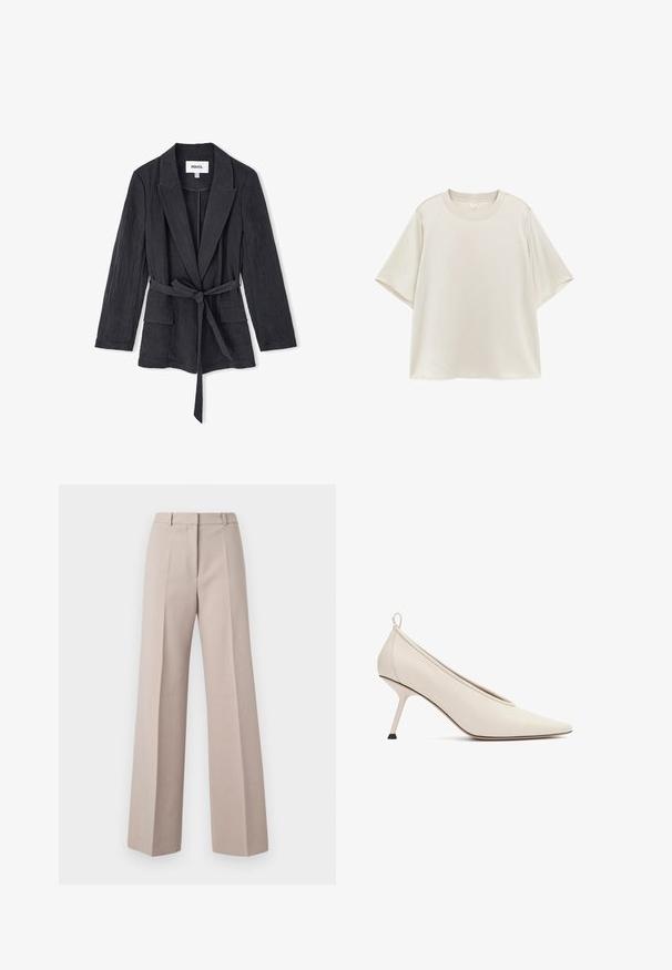 Zwarte blazer met textuur, een sjaalkraag, lange mouwen, sluiting met een strik aan de voorkant en twee klepzakken. Lichtgewicht stof met een gekreukt afwerking.; Effen lichtbeige T-shirt met korte mouwen en een ronde hals, met een losse pasvorm, plat uitgestald op een witte achtergrond.; Beige wijde broek van een soepele stof, met een hoge taille, voorkreuken en een op maat gemaakte pasvorm.; Crèmekleurige leren damesschoen met hoge hak, puntige neus en slanke stilettohak, zijaanzicht op witte achtergrond.