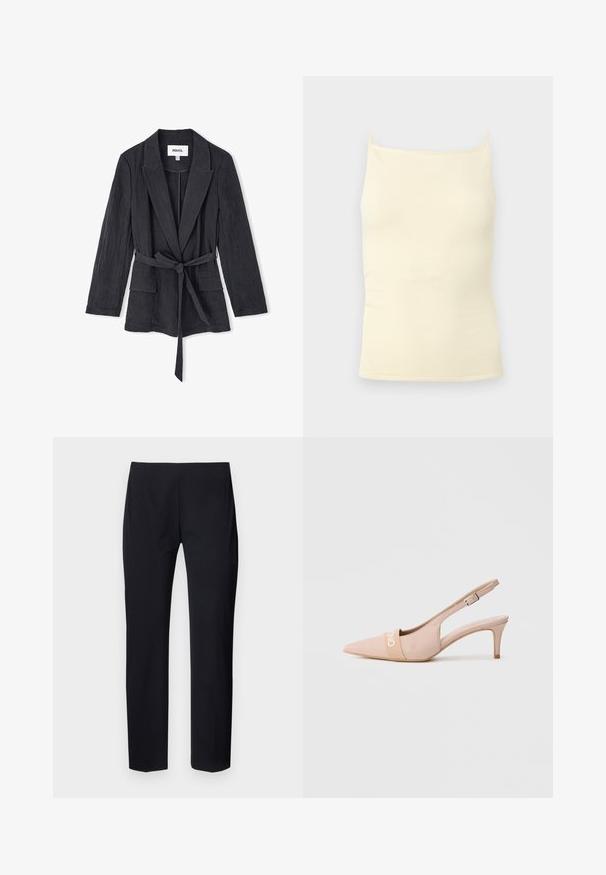 Zwarte blazer met textuur, een sjaalkraag, lange mouwen, sluiting met een strik aan de voorkant en twee klepzakken. Lichtgewicht stof met een gekreukt afwerking.; Roomkleurige geribbelde gebreide camisetetop met dunne bandjes en een rechte halslijn op een neutrale achtergrond.; Zwarte op maat gemaakte broeken met een slanke pasvorm, voorzien van een gladde textuur en een vlakke voorkant. Geen zichtbare zakken of hardware details.; Beige slingback kittenheel met puntige neus, voorzien van een verstelbare gespsluiting en een elastische band aan de voorkant met witte merkletters.