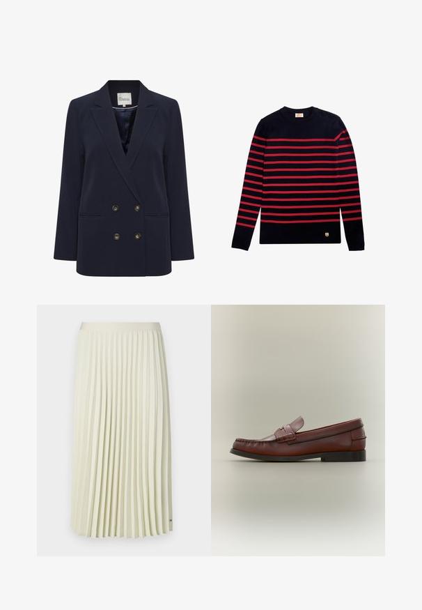 Mørkeblå dobbeltbrystet blazer lavet af glat stof. Har to forlommer og knapper i guldfarve; struktureret revers og afslappet pasform.; Marine-stribet sweater med røde vandrette striber, lange ærmer og skulderknapdetalje. Har et lille ankeremblem i kanten.; Plisseret midiskørt i lys cremet stof med en glat talje og ensartede lodrette folder. Har et lille mærke nær kanten.; Brun læderherresko med sort sål og dekorativ stropdetalje, vist i profil på en neutral baggrund.