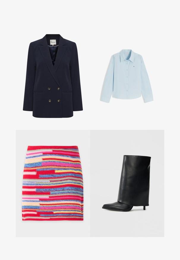 Marineblauwe dubbelbreasted blazer van gladde stof. Voorzien van twee voorzakken en goudkleurige knopen; gestructureerde revers en een ontspannen pasvorm.; Lichtblauw overhemd met lange mouwen, knopen, kraag en klein Tommy Hilfiger-logo op de linkerborst tegen een witte achtergrond.; Kleurrijke gebreide rok met horizontale strepen in rood, roze, blauw, geel en groene tinten op een witte achtergrond.; Zwarte leren enkellaars met een gestructureerd, omgeslagen ontwerp, een spits toelopende neus en een dunne hak. Gladde textuur met minimale details.