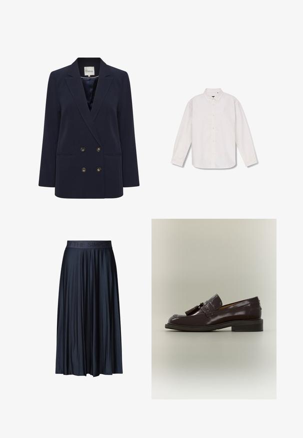 Mørkeblå dobbeltbrystet blazer lavet af glat stof. Har to forlommer og knapper i guldfarve; struktureret revers og afslappet pasform.; Langærmet hvid skjorte med knapper, spids krave, fuld knaplukning foran og enkelt design, lagt fladt på hvid baggrund.; Mørk navy blå plisseret midi-nederdel med elastisk taljebånd, der har diskret præget tekst.; Mørkebrun læderloafer med frynser, lav hæl og synet sål, vist fra siden på en neutral baggrund.