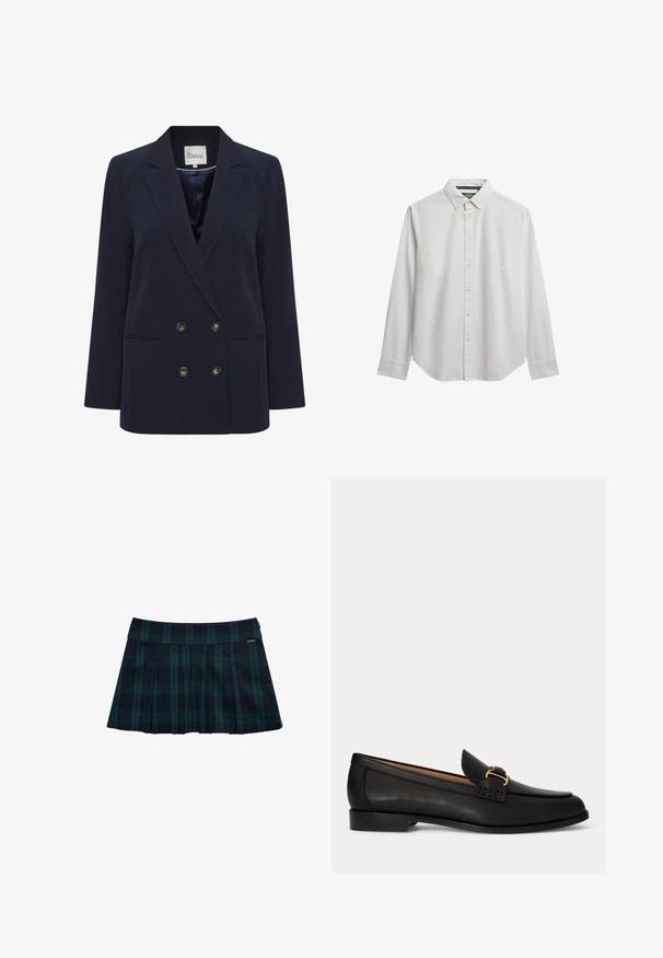 Marineblauwe dubbelbreasted blazer van gladde stof. Voorzien van twee voorzakken en goudkleurige knopen; gestructureerde revers en een ontspannen pasvorm.; Witte blouse met lange mouwen, knoopsluiting en een button-down kraag, weergegeven op een witte achtergrond.; Geruite geplooide rok in donkergroen en marineblauw met een gladde tailleband en logodetail. Heeft een klassiek, gelaagd plooidesign.; Zwarte leren loafer met een kleine hak en decoratieve gouden gesp aan de voorkant, zijaanzicht op een witte achtergrond.
