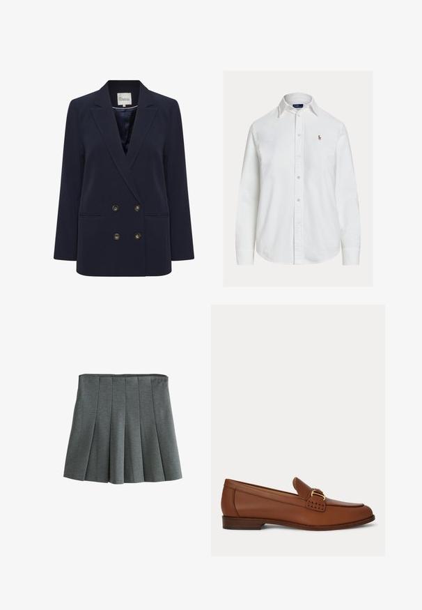 Mørkeblå dobbeltbrystet blazer lavet af glat stof. Har to forlommer og knapper i guldfarve; struktureret revers og afslappet pasform.; Hvid langærmet skjorte med knapper og krave samt lille broderet logo på venstre bryst, vist på ensfarvet baggrund.; Grå plisseret nederdel lavet af let stof, med en tætsiddende talje og strukturerede plisser, der skaber en svungen silhuet.; Brun læder loafer med guldfarvet spænde og lavt træhæl, vist fra siden på en ensfarvet baggrund.