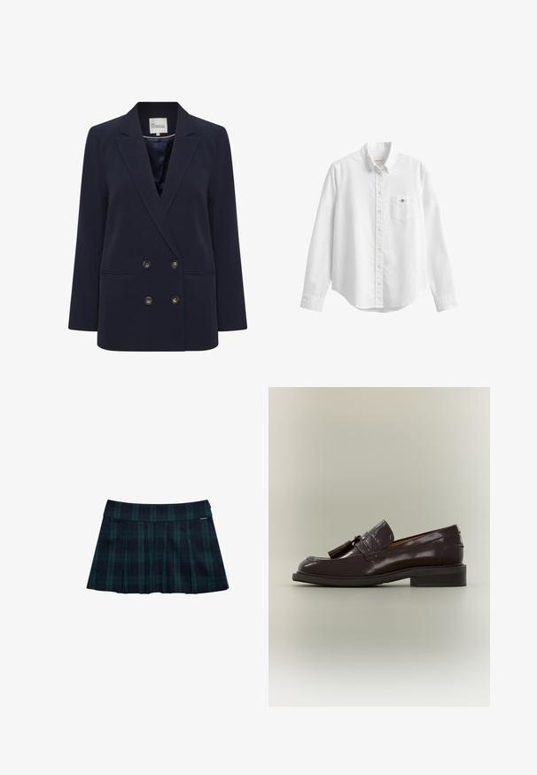 Blazer croisé bleu marine en tissu lisse. Comprend deux poches avant et des boutons dorés ; col structuré et coupe décontractée.; Chemise blanche à manches longues boutonnée avec col et poche poitrine avec un petit logo brodé sur fond uni.; Jupe plissée à carreaux en vert foncé et bleu marine avec une ceinture lisse et un accent logo. Présente un design classique à plis superposés.; Mocassin en cuir marron foncé avec pampilles, talon bas et semelle cousue, montré de profil sur un fond neutre.