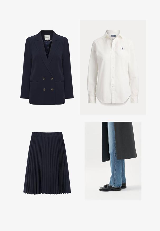 Marineblauwe dubbelbreasted blazer van gladde stof. Voorzien van twee voorzakken en goudkleurige knopen; gestructureerde revers en een ontspannen pasvorm.; Witte blouse met lange mouwen, knopen, kraag en klein blauw logo van een polospeler op de linkerborst.; Marineblauwe geplooide rok, gemaakt van een zachte stof. Beschikt over een brede elastische tailleband en valt net boven de knie met een gladde textuur.; Zwarte leren instappers met kwastjes, gedragen met lichtblauwe rechtlopende jeans, aangevuld met een donkergrijze jas. Schone lijnen en textiel met structuur.