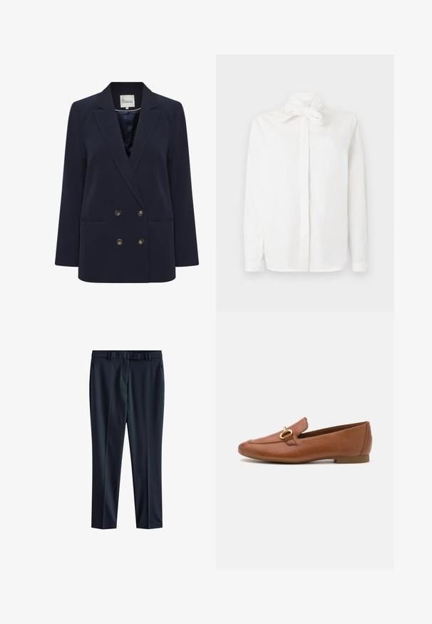 Marineblauwe dubbelbreasted blazer van gladde stof. Voorzien van twee voorzakken en goudkleurige knopen; gestructureerde revers en een ontspannen pasvorm.; Witte lange mouwen shirt van katoen, met een knoopdetail bij de kraag, knoopsluiting aan de voorkant en zijsplitsingen. Gladde textuur.; Marine formele broek met een gladde textuur, rechte snit, riemlussen en zijzakken. Heeft een minimalistisch ontwerp, geschikt voor verschillende gelegenheden.; Bruine leren instappers met een ronde neus, voorzien van een decoratieve gouden hardwareaccent. Platte zool en een glanzende afwerking.