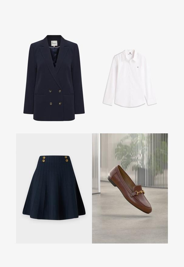 Mørkeblå dobbeltbrystet blazer lavet af glat stof. Har to forlommer og knapper i guldfarve; struktureret revers og afslappet pasform.; Hvid skjorte med lange ærmer, knapper, krave og lille broderet logo på venstre bryst.; Marineblå plisseret nederdel med struktureret stof, høj talje og to gyldne knapper foran, der skaber en ren linje og en struktureret form.; Brune læder loafers med rundet tå, gyldne metalaccenter og flad sål. Har et rent design og en glat tekstur.