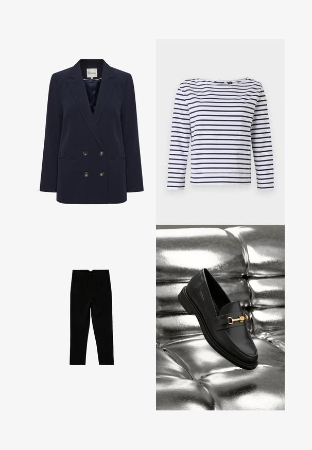 Blazer croisé bleu marine en tissu lisse. Comprend deux poches avant et des boutons dorés ; col structuré et coupe décontractée.; Haut à manches longues rayé en blanc et bleu marine, avec un col bateau et une coupe décontractée. Fabriqué en coton doux avec des ourlets cousus.; Pantalon noir sur mesure longueur cheville avec poches latérales et jambe légèrement fuselée, présenté à plat sur un fond blanc.; Mocassin en cuir noir avec un détail en métal doré. La chaussure présente un design épuré et une texture lisse et brillante.