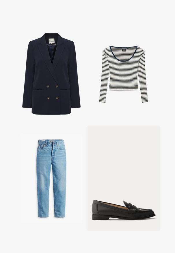 Marineblauwe dubbelbreasted blazer van gladde stof. Voorzien van twee voorzakken en goudkleurige knopen; gestructureerde revers en een ontspannen pasvorm.; Witte lange mouwen shirt met smalle marineblauwe horizontale strepen en marineblauwe rand rond de ronde hals, met klein gouden logo bij de zoom.; Lichtblauwe denim jeans met hoge taille en rechte pijpen, met knopenlijst en vijf zakken ontwerp, plat weergegeven op een witte achtergrond.; Zwarte leren damesslof met lage hak, afgeronde neus en gestikte details op het bovenwerk, van opzij getoond tegen een effen achtergrond.