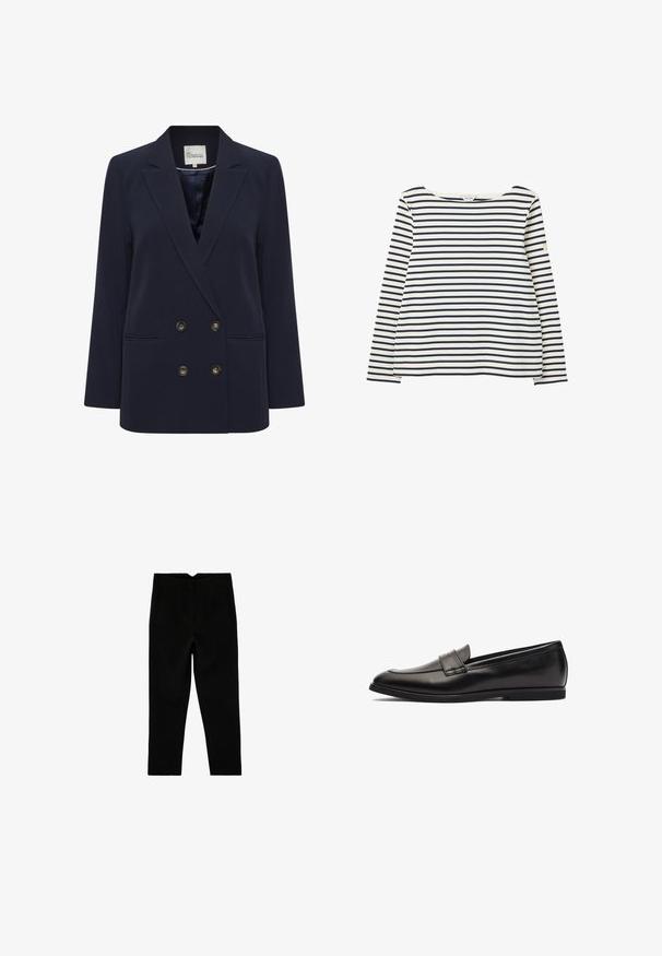 Blazer croisé bleu marine en tissu lisse. Comprend deux poches avant et des boutons dorés ; col structuré et coupe décontractée.; Chemise blanche à manches longues avec des rayures horizontales bleu marine et un col rond, posée à plat sur un fond blanc.; Pantalon noir sur mesure longueur cheville avec poches latérales et jambe légèrement fuselée, présenté à plat sur un fond blanc.; Mocassin en cuir noir avec une finition lisse, un bout arrondi et des accents en double couture sur le dessus. Semelle en caoutchouc plate pour plus de confort.