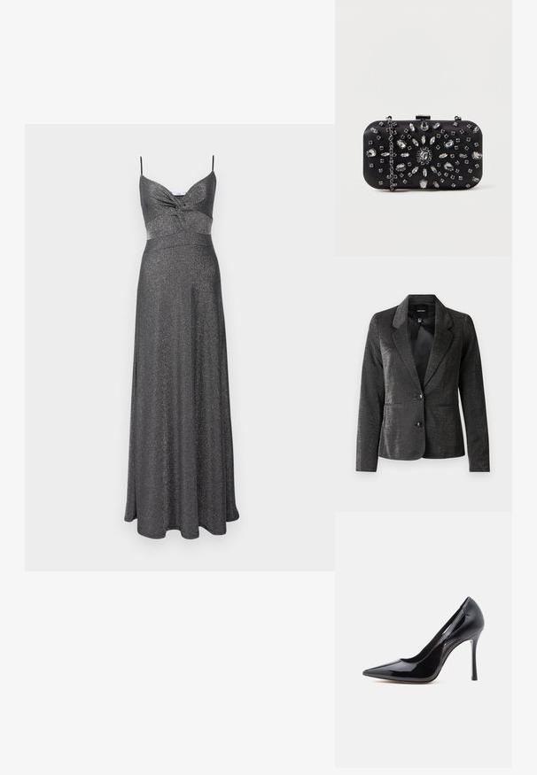 Blazer noir en tissu brillant avec un col à revers, deux poches avant et deux boutons. La surface texturée ajoute un intérêt visuel.; Robe maxi en métal argenté avec un corsage ajusté, des bretelles spaghetti réglables et une jupe évasée. Tissu texturé et scintillant sur l'ensemble.; Escarpin noir à talon haut avec bout pointu, finition en cuir verni brillant, et design découpé sur les côtés, doté d'un talon aiguille élégant.; Pochette noire de forme rectangulaire, ornée de divers strass disposés en motifs floraux, dotée d'une chaîne en argent pour le transport.