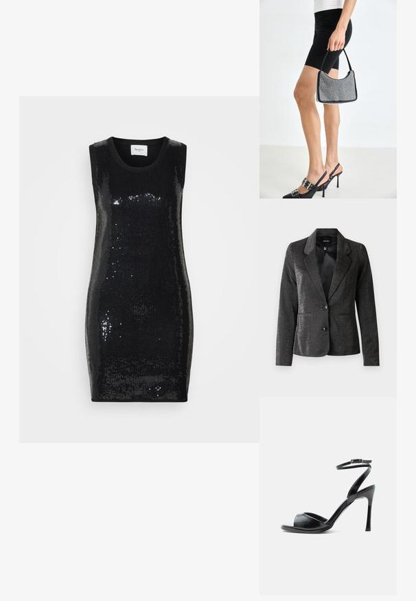 Blazer noir en tissu brillant avec un col à revers, deux poches avant et deux boutons. La surface texturée ajoute un intérêt visuel.; Robe noire sans manches ornée de sequins, dotée d'un col rond et d'une coupe ajustée, avec une texture lisse et une finition brillante.; Sandale noire à talon haut avec bout ouvert, talon stiletto fin et bride de cheville avec boucle sur fond blanc.; Sac à main à perles noires avec une silhouette courbée, une poignée de transport et une texture brillante. Porté avec des chaussures à talons hauts noires et un short noir ajusté.