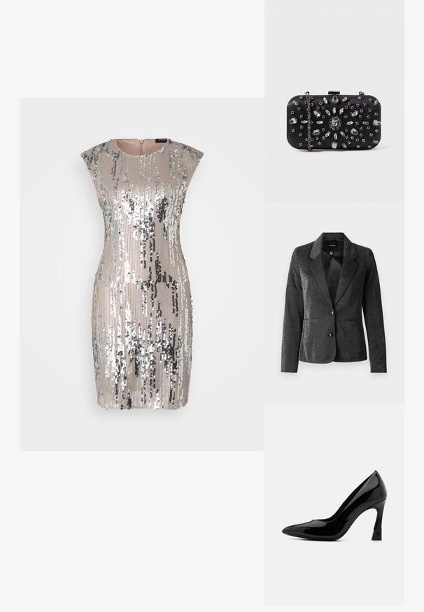 Blazer noir en tissu brillant avec un col à revers, deux poches avant et deux boutons. La surface texturée ajoute un intérêt visuel.; Robe courte et cintrée avec des manches courtes, recouverte de sequins argentés et dorés, dotée d'un col rond et d'une fermeture à glissière dans le dos.; Escarpin en cuir verni noir à talon haut, avec un bout pointu et un talon bloc, présentant un accent logo. Texture de surface lisse et brillante.; Pochette noire de forme rectangulaire, ornée de divers strass disposés en motifs floraux, dotée d'une chaîne en argent pour le transport.