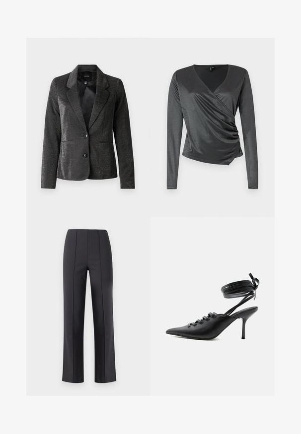 Blazer noir en tissu brillant avec un col à revers, deux poches avant et deux boutons. La surface texturée ajoute un intérêt visuel.; Haut gris à manches longues en tissu lisse et extensible avec un design enveloppant et un détail froncé à la taille. Décolleté en V.; Pantalon noir droit sur mesure avec coutures avant et taille élastique, présenté sur un fond clair uni.; Chaussure à talon haut noire à bout pointu avec laçage à l'avant et brides enroulées autour de la cheville nouées en nœud, vue de côté sur fond blanc.
