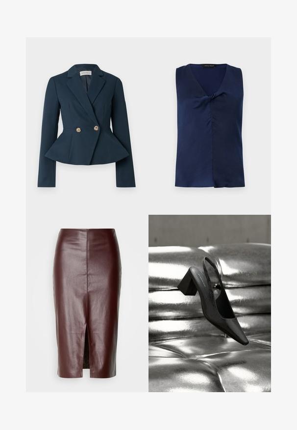 Blazer bleu marine avec taille cintrée, détail à basque, manches longues et design croisé avec des boutons floraux dorés.; Blouse bleu marine sans manches avec col en V et détail subtil de torsion à l'avant, pliée soigneusement sur un fond clair uni.; Jupe crayon en cuir brun foncé taille haute avec une couture centrale à l'arrière et une fente arrière, présentée sur un fond blanc.; Escarpin noir à bride arrière avec bout pointu, présentant une surface texturée et un talon bloc épais. Posé sur un fond métallique brillant.