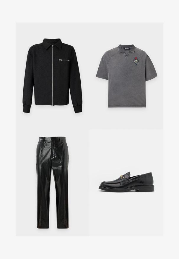 Veste zippée noire avec un motif de logo texturé, col montant et poche zippée sur le côté. Dotée de poignets et d'un ourlet côtelés.; Polo gris à manches courtes avec un petit motif brodé de cœur et de fleur sur le côté gauche de la poitrine et une texture subtilement délavée.; Pantalons en vinyle noir brillant à jambes droites, avec passants de ceinture, fermeture frontale dissimulée et détail de pli pressé.; Mocassins en cuir noir avec un embout rond, présentant des accents en métal doré et des détails de couture, montés sur une semelle en caoutchouc texturé et basse.