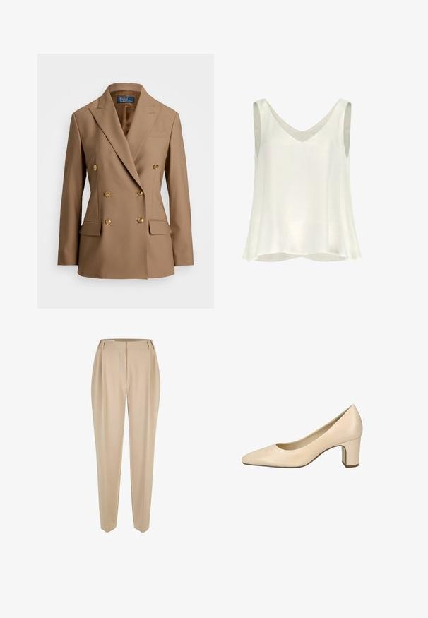 Dubbelbreasted blazer van lichtbruine stof, met gouden knopen, gelapte revers en twee voorzakken met een gladde textuur.; Witte mouwloze top met een V-hals, gemaakt van gladde stof. Heeft een losse pasvorm en een ronde zoom voor comfort en gebruiksgemak.; Beige op maat gemaakte broeken met riemlussen, rechte pijpen en een verborgen voorknopen, gepresenteerd op een witte achtergrond.; Beige leren midhak pump met een afgeronde vierkante neus en blokhak, afgebeeld op een witte achtergrond.