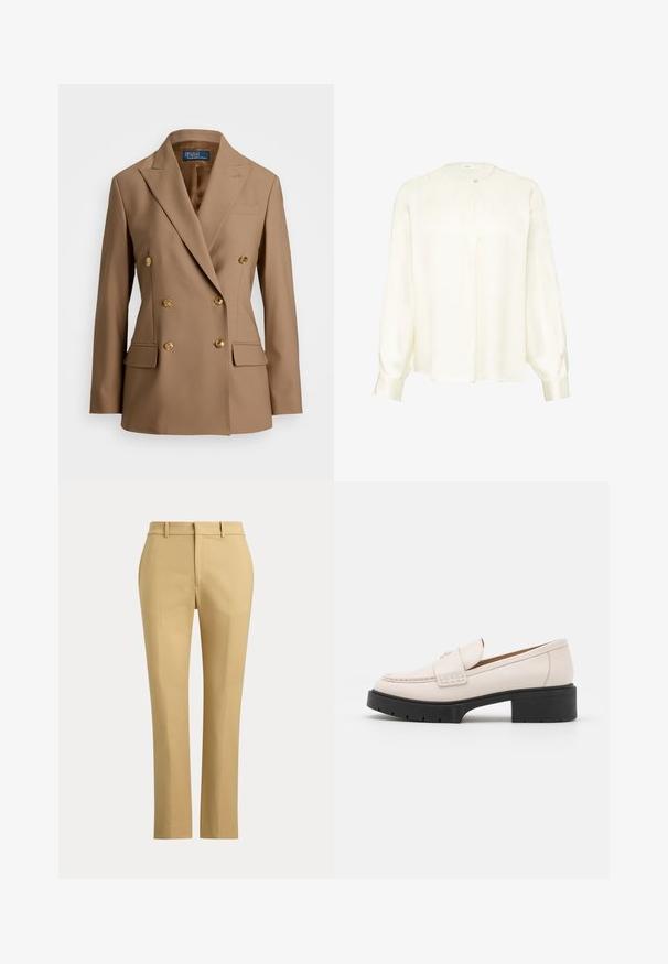 Dubbelbreasted blazer van lichtbruine stof, met gouden knopen, gelapte revers en twee voorzakken met een gladde textuur.; Langarmige crèmekleurige blouse met ronde hals en een enkele knoopsluiting aan de bovenkant, losse pasvorm en manchet mouwen.; Beige broek met rechte pijpen, riemlussen, een voorvouw en een eenvoudige tailleband tegen een effen achtergrond.; Lichtbeige leren loafers met een gestikte voorkant en een textuur met een zwarte plateauhak. Beschikt over een gebogen ontwerp en een lichte verhoging.