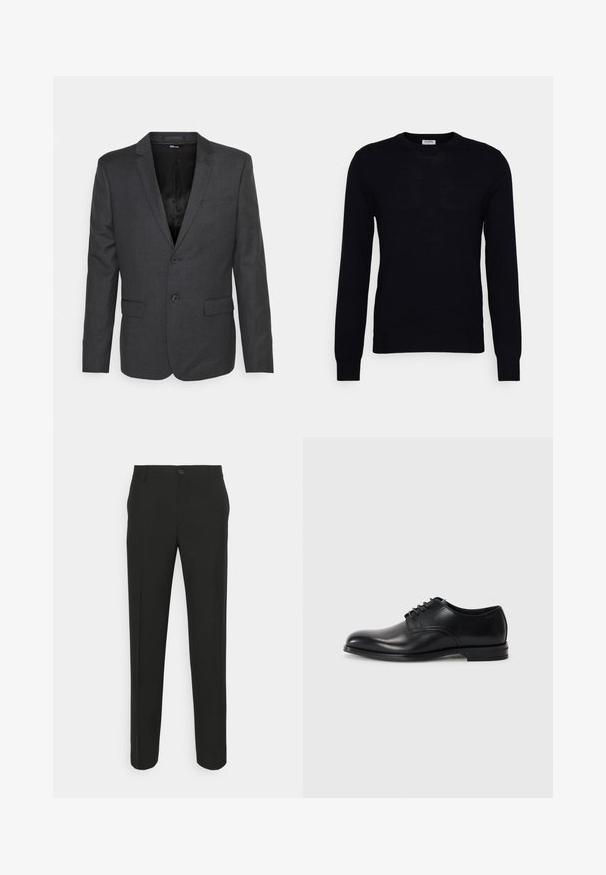 Blazer gris oscuro, texturizado, con cierre de un solo botón, dos bolsillos frontales y solapas con muesca. Interior forrado en tela negra.; Suéter negro de manga larga hecho de un suave material de punto. Escote redondo, puños y dobladillo acanalados. Diseño minimalista sin patrones ni botones visibles.; Pantalones negros ajustados con corte recto, que cuentan con un cierre de un solo botón y trabillas para cinturón. Tejido liso, mate y sin patrones.; Zapato de vestir de cuero negro con punta redondeada, diseño con cordones, textura suave y suela de goma de perfil bajo. Detalles de costura mínimos.